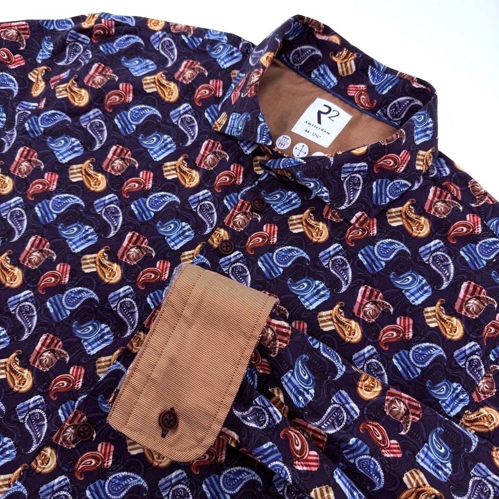 R2 Amsterdam Shirt Mens 17.5 Blue Paisley Flip Cuff Button Up Smart Casual